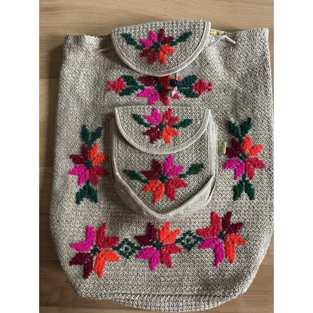 Boho Jute Crochet Embroidered Floral Backpack Hippie Festival Folk Art Rucksack